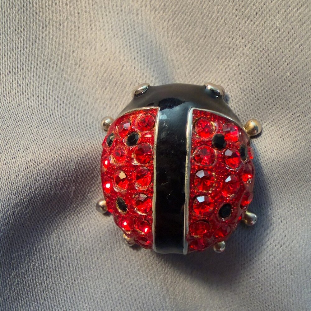 Ladybug Brooch Red Rhinestones Domed Vintage Pin 1.5"